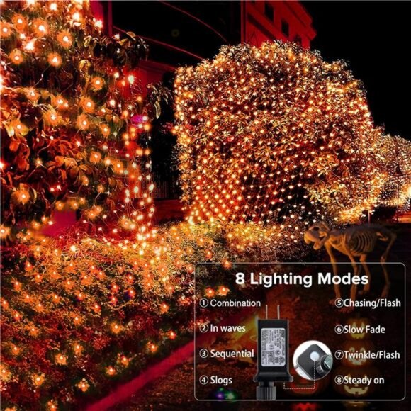 Halloween Net Lights, 200 LED 8.2ft x 4.9ft Orange Halloween Lights with 8 Modes - Picture 2 of 8